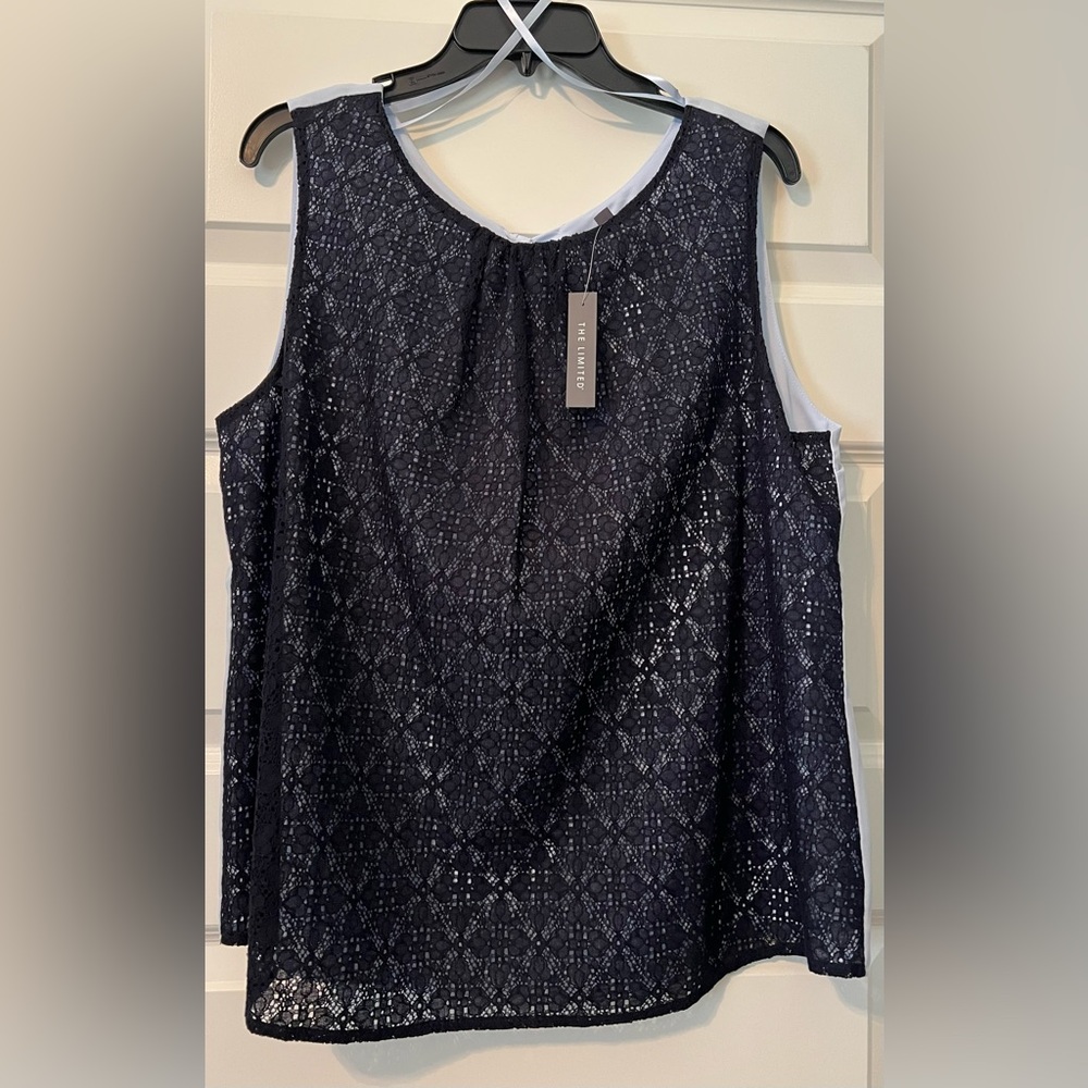 NWT The Limited Navy Lace Front Sleeveless Blouse SZ L